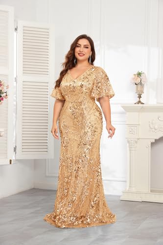 Image of Plus Size Glamous Short Sleeves Womens Sequin Dress Formal Gowns Evening Glitter Mermaid Prom Dress