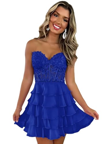 Tiered Short Homecoming Dresses for Teens 2025 Lace Strapless Corset Prom Cocktail Dresses