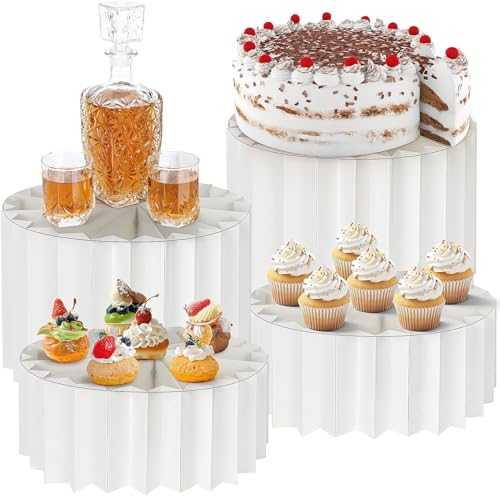 MALLOOM Lot de 4 Rehausseurs de Buffet – Présentoirs Blancs Cylindriques en Carton pour Desserts, Gâteaux, Bijoux, Figurines – Idéal pour Fêtes,...