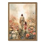 Jesus and the Girl Wall Art, Religious Jesus Painting Wall Decor Christ our Savior 3D Textured Hand Drawn Sandstone Christian Artwork for Living Prayer Room Bedroom 12x16 inch Wood Framed