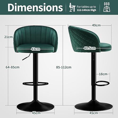 Miniatura 2 de Stoolink Juego De 2 Taburete De Bar, Taburetes Cocina Con Tela Terciopelo De Leche Con Respaldo Y Reposabrazos, Silla De Bar Altura Ajustable, Taburete Alto Rotación De 360 , Silla De Bar 150kg-Verde