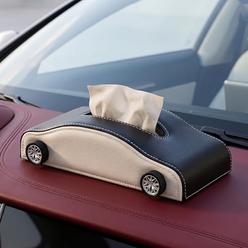 AUTO FAMILY Car-Shaped Tissue Box Holder PU Leather Tissue Case with Anti-Slip Base Auto Interior Organizer Napkin Holder Luxury Car Accessories for Dashboard (Black and beige)