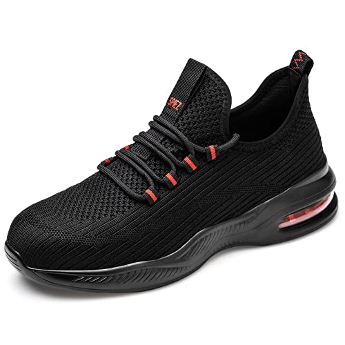 SPIEZ Steel Toe Shoes for Men Lightweight Running Work Sneakers Slip On Safety Shoes for Industrial Coustruction Black US8.5