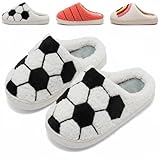 GIWONET Kids Slippers Boys Girls Warm Winter House Slippers Soft Plush Bedroom Non-Slip Memory Foam Home Shoes,Football White