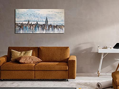 Arjun Cityscape Wall Art New York City Skyline Buildings Picture Modern Abstract Grey Skyline Birds Painting Framed Artwork For Bedroom Living Room Bathroom Home Office Decor, Large Size 40"X20" #TOP1