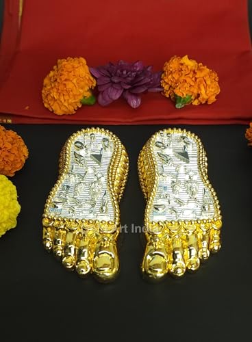 Image of Gold Art India Shri Laxmi Charan Paduka Gold & Silver Plated | Bhagyam Lakshmi Charan Idol | Maa Lakshmi Blessings Feet for Office Home Temple | Ideal for Laxmi Puja Housewarming Gifts (4.5 Inch)