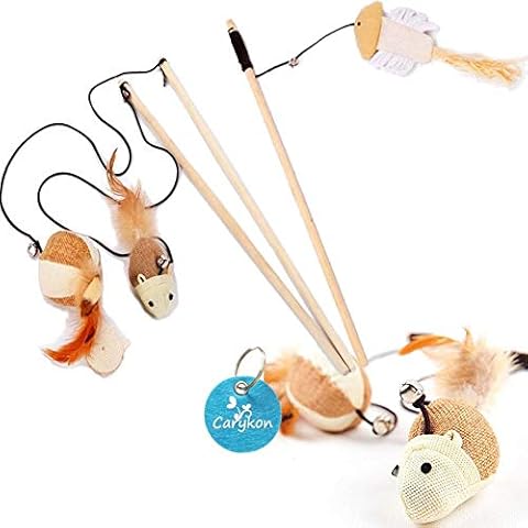 Carykon Natural Sisal Wand Teasers and Exerciser for Cat Kitten with Mouse/Pumpkin/Fish Toy, Bell, Feather, Elastic String and Sturdy Wood Rod, Set of 3 Cover