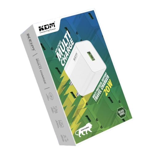 Image of KDM Multi Charge Super Vooc USB Charger Wall Adapter, 20W, with USB to Type-C Cable, Fast Charging, QC Charging, Travel Friendly, Shatter Resistant