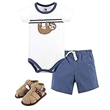 Hudson Baby Unisex Baby Cotton Bodysuit, Shorts and Shoe Set, Sloth, 0-3 Months