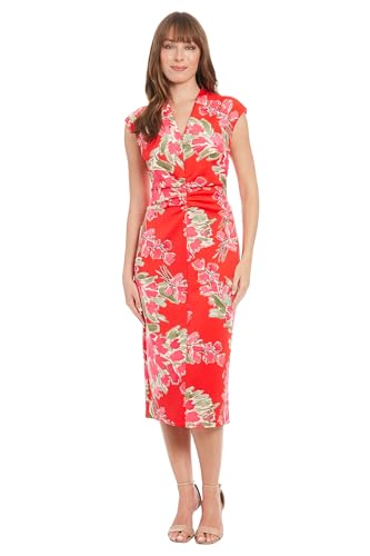 London Times Women's Dresses Women's Classic V-Neck Cap Sleeve Midi - Sophisticated Ruched Waist Sheath - Special Occasion Wedding Guest Dress, Fiery Red/Raspberry, 14