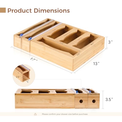 6-in-1 Bamboo Kitchen Drawer Organizer for Storage Bag, Foil & Plastic Wrap