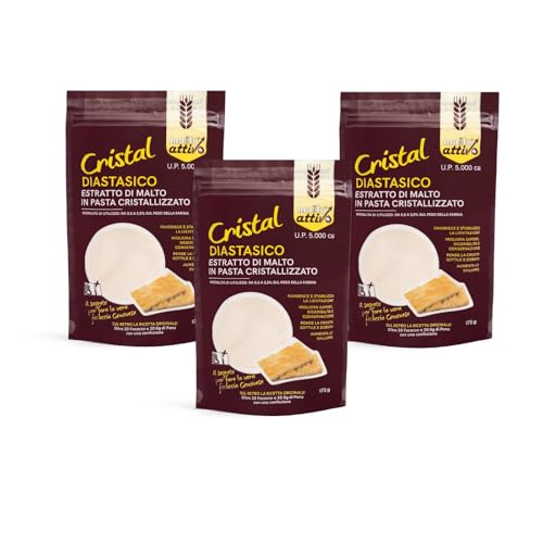 Malto Attivo, Box da 3 Confezioni di Cristal Diastasico 175g, Estratto di Malto Cristallizzato ad Elevato Potere Diastasico, Ideale per Panificazione, 5.000 Unità Pollak, Made in Italy.