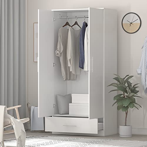 Hitow Wardrobe Armoire Closet with 2 Doors, Freestanding Wardrobe Cabinet with Drawer & Hanging Rod, Bedroom Armoire Clothes Organizer, Type C White (31.5´´ W x 18.9´´ D x 66.9´´ H)