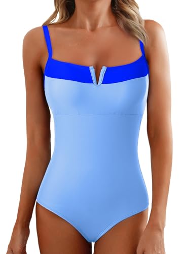 Herseas Women's V Wire One Piece Swimsuit Color Block Patchwork Bathing Suit
