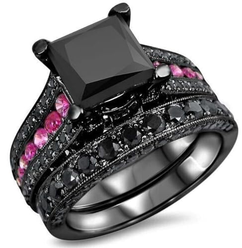 4.00Carat (Ctw) Princess Cut 14K Black Gold Finish Sterling Silver Round Black Diamond Ladies Bridal Halo Style Engagement Ring With Matching Band Set2