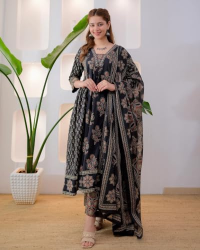 Image of Nermosa Women's Printed Anarkali Kurta and Palazzo Pant Set with Dupatta