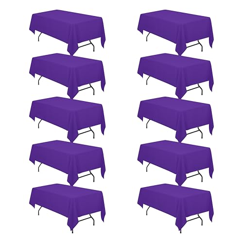 Image of BRILLMAX 10 Pack Purple Tablecloths 60x102 Inch for 6ft Rectangle Tables | 150 GSM Polyester Fabric, 15 inch Standard Drop, Water, Stain & Wrinkle Resistant Cloth Cover for Wedding Reception Banquet Party