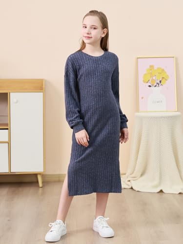 GORLYA Girls Long Sleeve Casual Sweater Rib Knit Split Straight Shift Midi Dress 6-16Y3