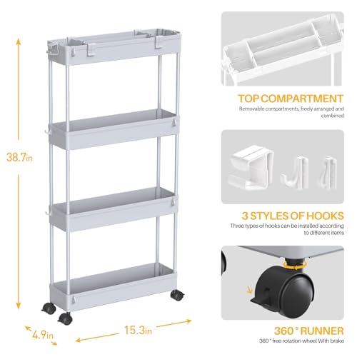 Image of SPACELEAD Slim Storage Cart 4 Tier,Bathroom Organizer Rolling Utility,Mobile Shelving Unit Slide Out for Office, Kitchen, Laundry Room & Narrow Places,Gray