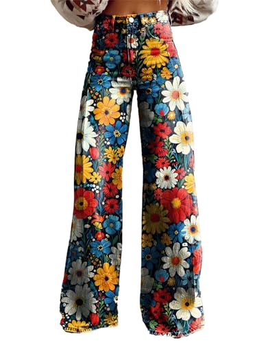 Women's Vintage Boho Floral Print Jeans - Mid Waisted Wide Leg Baggy Flare Pants with Pockets