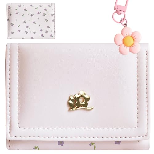 Image of Girls Wallet Cute Floral Coquette Small Kawaii for Women Aesthetic ID Window for Ladies (Pink Metal Floral)