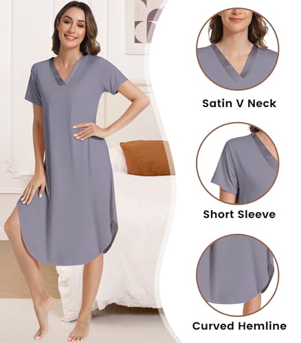 NACHILA Nightgowns for Women-Viscose Made from Bamboo, Short Sleeve Nightgown V Neck Nightshirt Soft Sleepwear Dress4