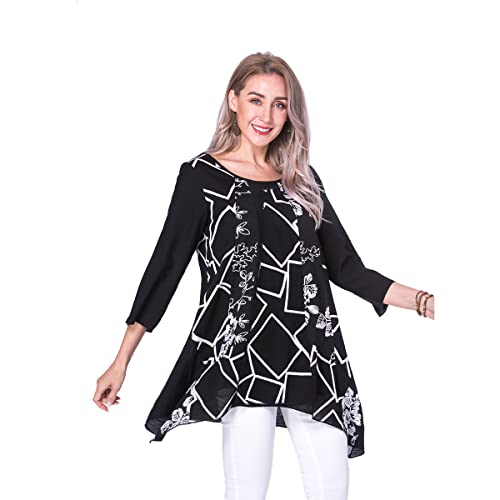 Dikalady Women's Casual 3/4 Sleeve Tunic Tops To Wear With Leggings Splicing Floral Embroidery Blouses Loose Fit Flowy Shirts（3X） Black White Embroidery #TOP2