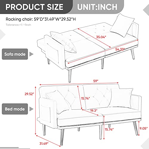 Antetek Convertible Futon Sofa Bed, 59-Inch Modern Velvet Sleeper Sofa Small Loveseat With Two Pillows, 3 Adjustable Positions And 6 Golden Metal Legs Furniture For Living Room And Bedroom, White #TOP1