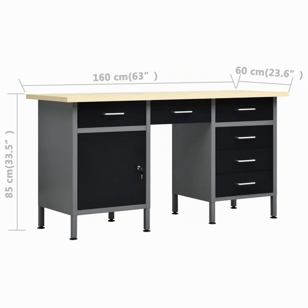 vidaXL Arbeitstisch mit 6 Schubladen 1 Schrank Höhenverstellbare Füße Werkstatt Werkbank Werktisch Packtisch Schwarz 160x60x85cm Stahl