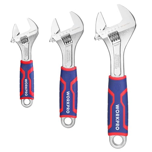 WORKPRO 3-piece Adjustable Wrench Set, Cr-V Wide Jaw Wrench With Rubber Anti-Slip Grip, 6-inch, 8-inch, 10-inch with Metric/SAE Scales, Chrome Plated