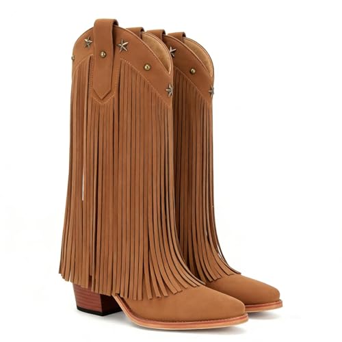 Image of Fringe Cowboy Boots for Women Mid Calf Cowgirl Boots with Star Studded Pointed Toe Pull on Chunky Heel Western Boots