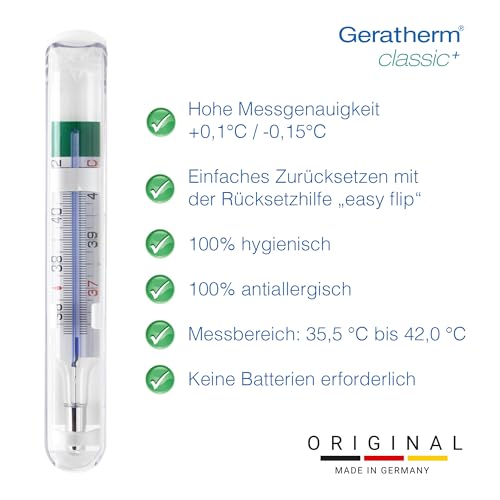 GERATHERM classic+ analoges Fieberthermometer PLUS Aufbewahrungshülle mit Lupeneffekt für einfaches Ablesen und Premium-Rücksetzhilfe/Thermometer ohne Quecksilber und ohne Batterien/Made in Germany