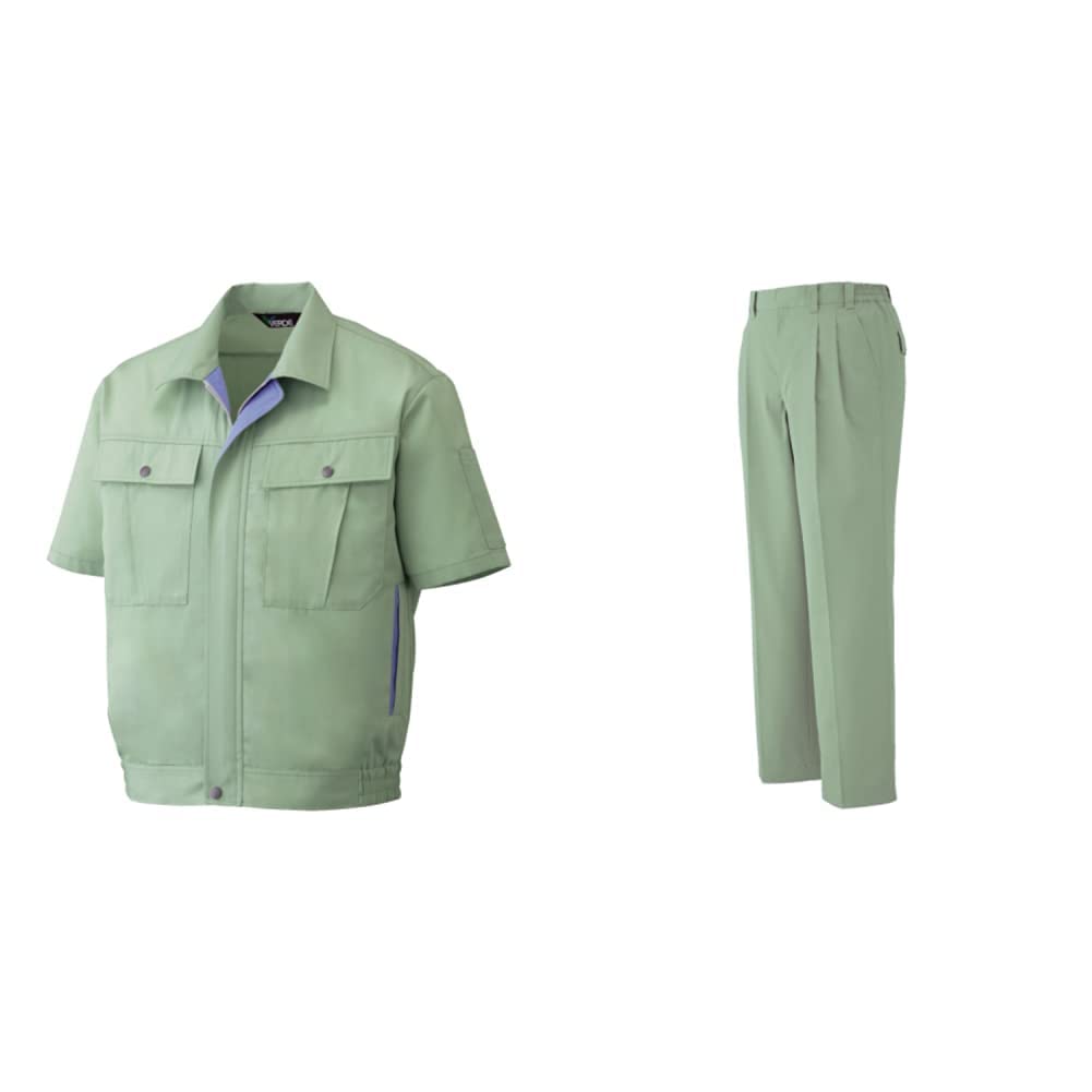 Midori Anzen Simple Work Clothes, Unisex, Short Sleeve Blouson, Slacks Set, GS566, Light Green, L green (light green) Large