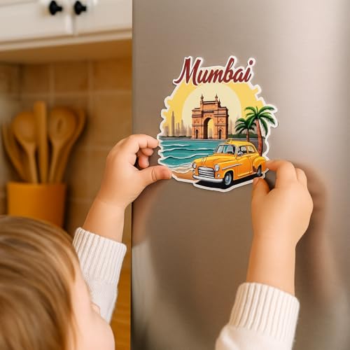 Image of Naxon Mumbai Theme Souvenir Wooden Fridge Magnet - 3x3 Inch Stylish Refrigerator Magnet for Kitchen & Home Decor | Travel Souvenir Gift with Charminar Design | Pack of 1