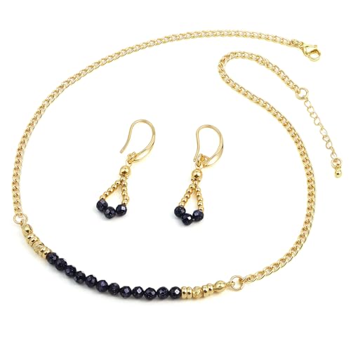 LUNSOLA 18K Gold Plated Jewelry Set - Necklace Choker & Hoop Dangle Earrings for Women, Luxury Vintage Fashion Accessories, Beaded with Elegant Cubic Zirconia, Gold-Bluish Black