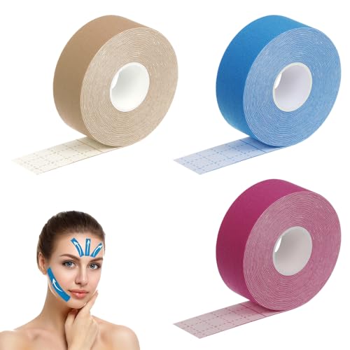 Menibeuty 3 Rouleaux Bande Kinésiologie Genou 2.5cm/5M, Strap Sport, Tape Kinesiologie, Kinesio Tape étanche & élastique pour Le Sport, Kinesio Tape, Bande Strapping Adhésif(Peau, Bleu, Rose)