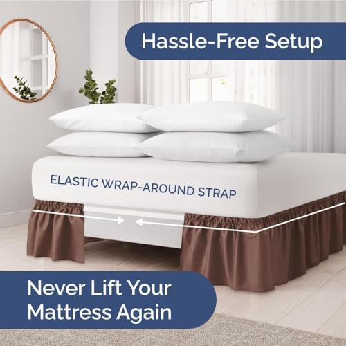 Image of Bed Skirt - Wrap Around Dust Ruffle Bed Frame Cover with Easy Fit Elastic Strap, Double Size 12 Inch Inch Drop, Microfiber Pleated, Machine Washable | Brown, (72inchx72inch)