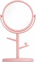 Espelho de Mesa Giratório, Plástico PP, com Porta Acessórios Integrado, Ideal para Maquiagem, Tamanho Pequeno (Rosa)