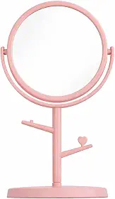 Espelho de Mesa Giratório, Plástico PP, com Porta Acessórios Integrado, Ideal para Maquiagem, Tamanho Pequeno (Rosa)