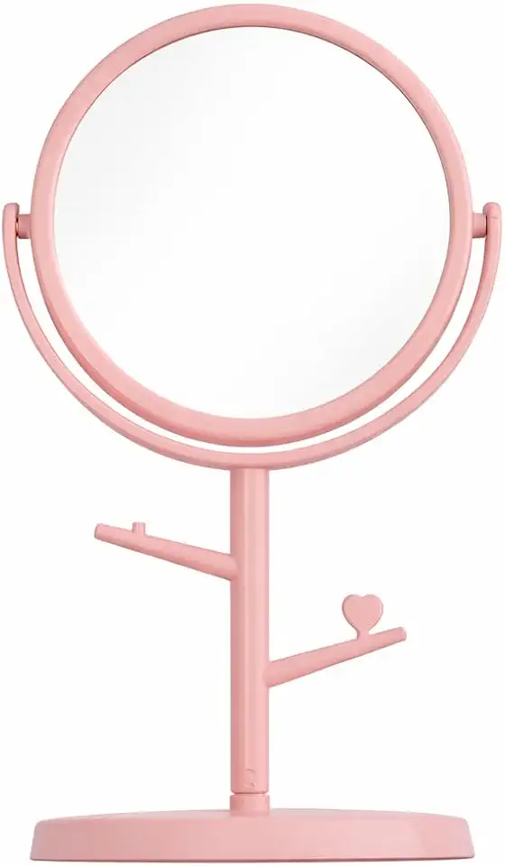 Espelho de Mesa Giratório Rosa Tamanho Pequeno | Plástico PP, Porta Acessórios Integrado, Ideal para Maquiagem