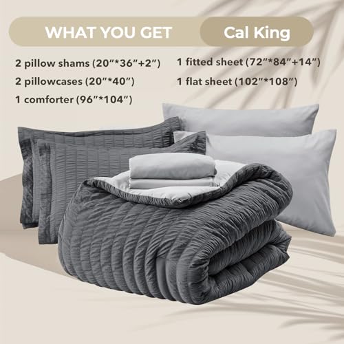 Image of HYMOKEGE Dark Grey /Light Grey California King Comforter Set Seersucker 7 Pieces, All Season Luxury Bed in a Bag for Bedroom, Bedding Set with Comforter, Sheets, Pillowcases & Shams