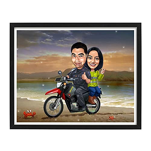 Image of DK Decors Personalized Caricature Photo Frame Custom Cartoon Portrait from Photo, Outing Ride at Beach Gift for Couple, Husband & Wife (8x10 Inch)