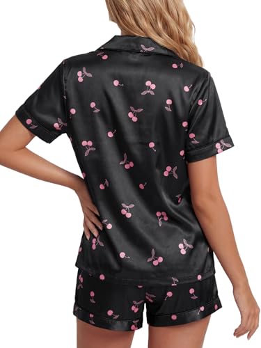 Image of LYANER Women's Satin Silky Pajamas Set Short Sleeve Button Shirt with Shorts Pjs Sleepwear Loungewear