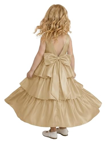Habteens Satin Junior Bridesmaid Dresses for Wedding Teen Round Neck V Back Bow Knot Sleeveless Champagne Tiered Dress Holiday Birthday Graduation Ball Gown 12