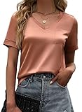 Maysoar Womens Satin Blouse Short Sleeve Silk Shirts V Neck Shirts Summer Casual Tee with Front Pocket Light Coffee L