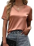 Maysoar Womens Satin Blouse Short Sleeve Silk Shirts V Neck Shirts Summer Casual Tee with Front Pocket Light Coffee XXL