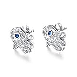 Evil Eye Protection Hamsa Hand of Fatima Stud Earring for Women Gold-Tone Plated Stainless Steel Cubic Zirconia Hypoallergenic Dainty Best Friend Jewelry Lucky Gift Valentine's Day Girlfriend (Silver)