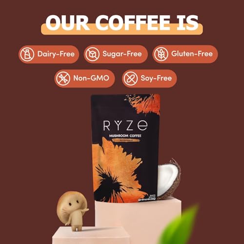 Image of RYZE SUPERFOODS Mushroom Dark Roast Coffee Starter Kit, Instant Coffee with 6 Adaptogenic Mushrooms and Better Energy, Focus, Digestion, Immunity with Lions Mane & Turkey Tail 30 Serving Each