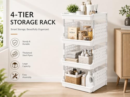 Image of KITCHIVO Multipurpose Storage Rack Organizer with Stainless Steel Pipes | Heavy Duty Plastic Shelf Stand for Kitchen, Bathroom, Laundry & Pantry (White, 4 Layer)