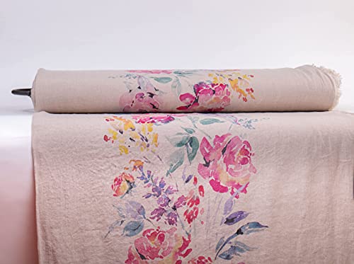LinenBuy Pure 100% Linen Fabric Watercolor Rose Natural Digitally Printed Medium Weight Washed Sold by The Yard M2-0156-0103 (1 Yard, Watercolor Rose)